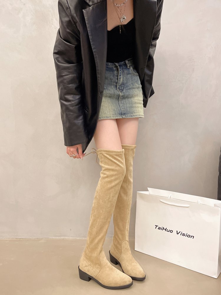 2024 new plus size versatile velvet style knee high fashion pointed thick heel slim elastic long boots_voghion.com