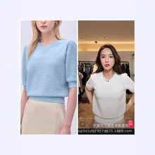 韩国外贸MINE新品圆领镂空针织短袖上衣   纯色知性女上衣气质春