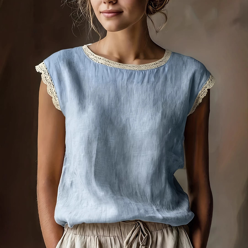2026 Cross-Border European and American Style Loose Solid Color Round Neck Lace Splicing Sleeveless Linen Shirt Vacation Style Shirt