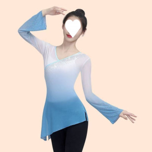 Classical Chinese Style Dance Gauze Clothes for Women, Elegant Dance Gradient Long-Sleeved Chinese Performance Tops for Women's Art Exams