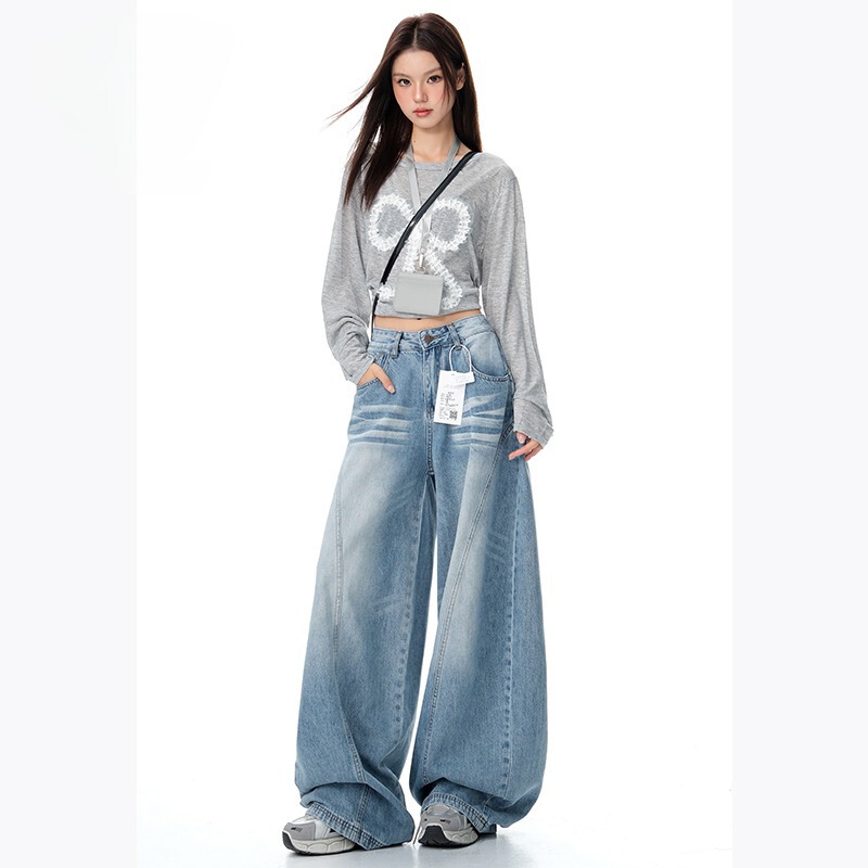 American High Street Style Loose Fit Scythe Jeans for Women 2025 New Model, Three-Dimensional Cut, Slimming Silhouette, Wide-Leg Pants