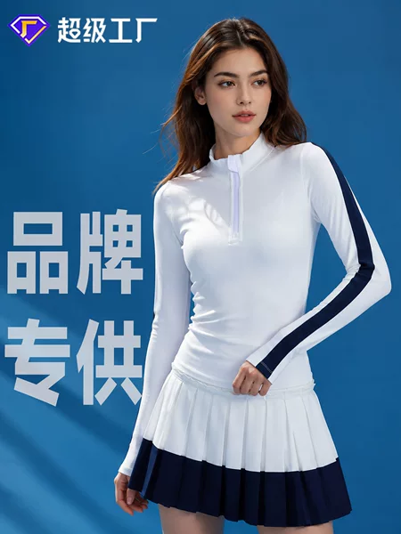 Popular brand's same style tennis set, ribbed slim-fit long-sleeve top, pleated badminton skirt, high elasticity, moisture-wicking, simple design
