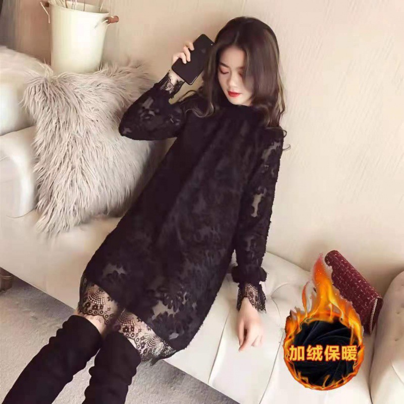 中长款蕾丝加厚T恤打底衫女春秋新款韩版宽松显瘦雪纺连衣裙上衣