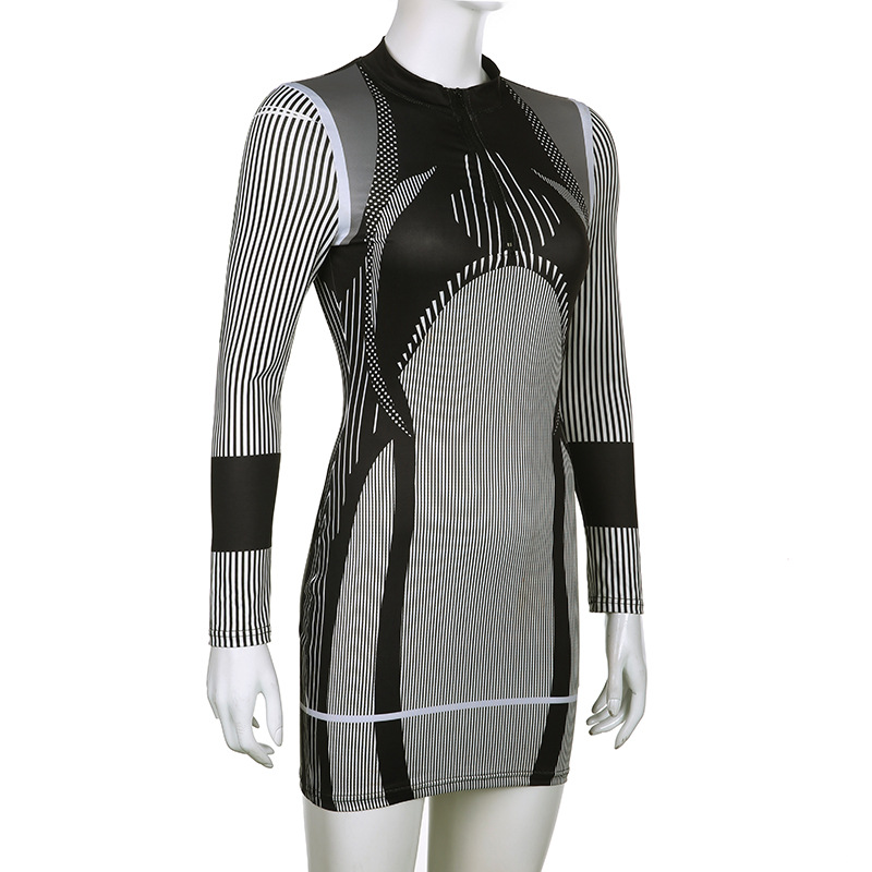 Fashion Stripe High Neck Long Sleeve Printing Zipper Spandex Polyester Above Knee Sheath Dress