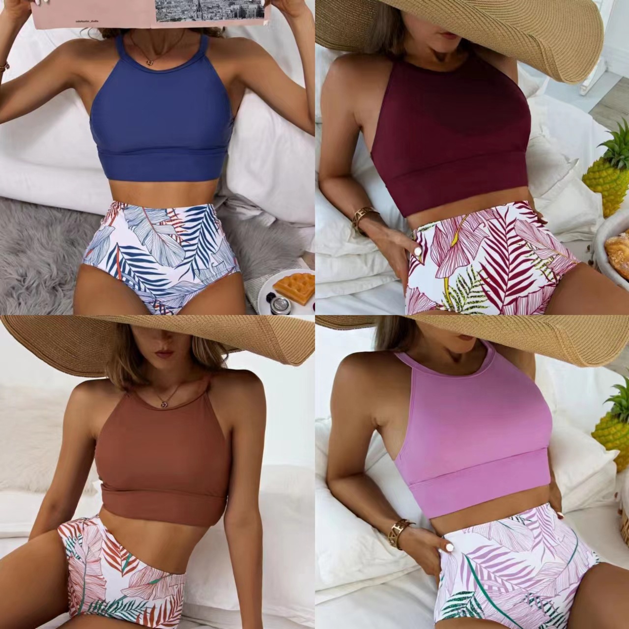 Women's Sexy High-Waisted Two-Piece Bikini Swimsuit High Neck Tie-Detail Abstract Print Polyester Nylon Regular Fit For Spring/Summer_ecoleips.com