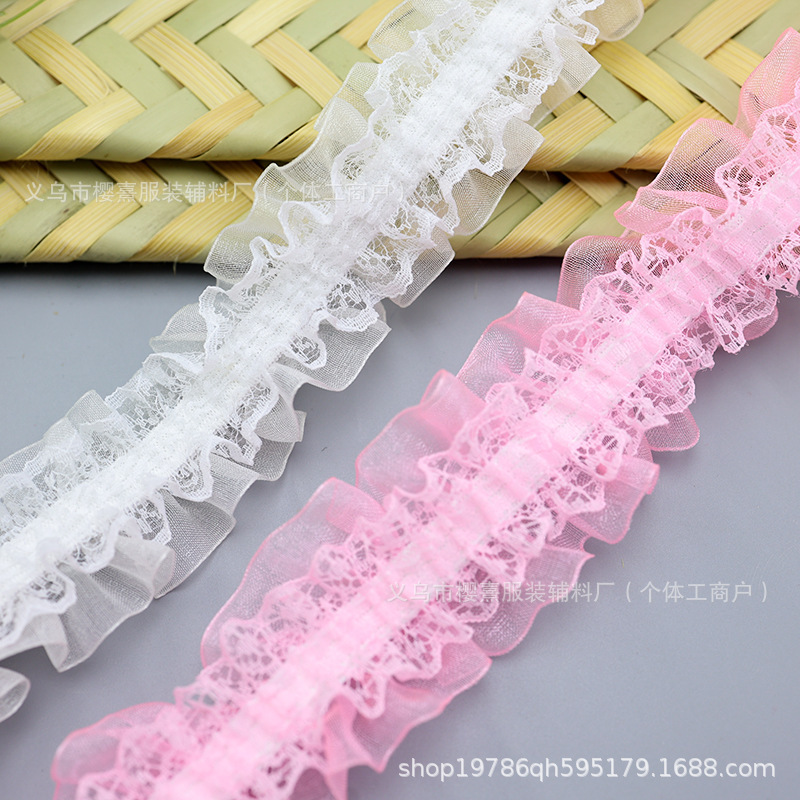 재고 있음 4cm 오간자 레이스 더블 레이어 주름 탄성 작은 향기 DIY 인형 옷 헤어 밴드 머리 장식 액세서리 레이스