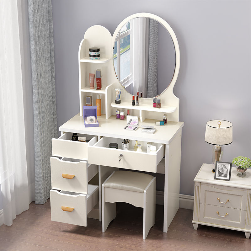 80cm 아이보리 화이트 라운드 미러 왼쪽 캐비닛 + 스툴 보내기