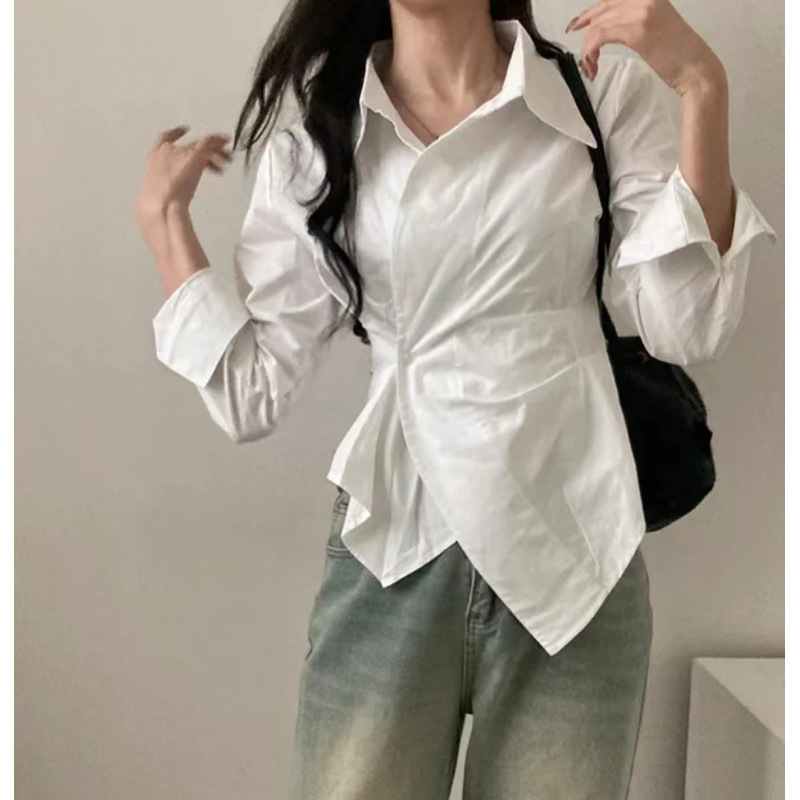 韩版设计不规则收腰秋季衬衣条纹学院风衬衫长袖新款显瘦上衣|undefined