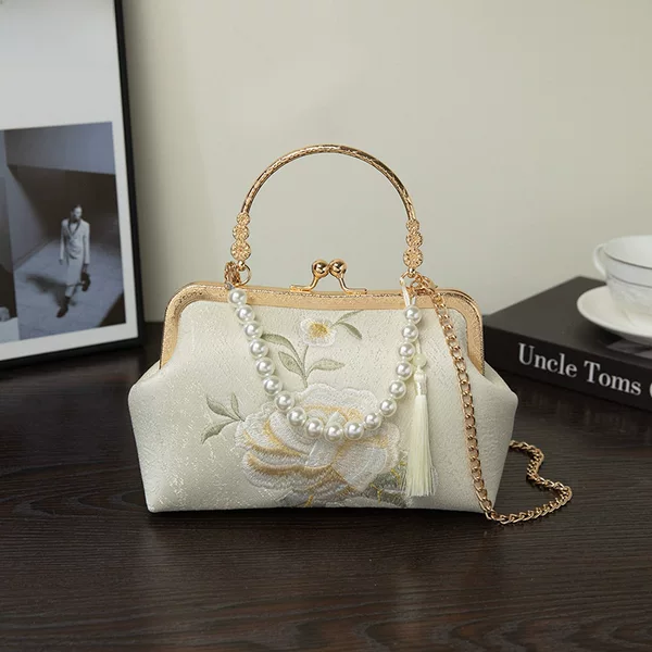 New National Style Embroidered Elegant Han Dynasty Bag, Chinese Style Antique Style Satchel Cheongsam Bag, One-Shoulder Cross-Body Gold Bag