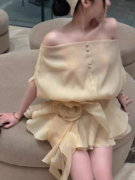 25Ss Vietnamese Niche Two-Piece Set Backless Lace-Up One-Shoulder Seersucker Shirt Dress + Short Skirt Pants Set