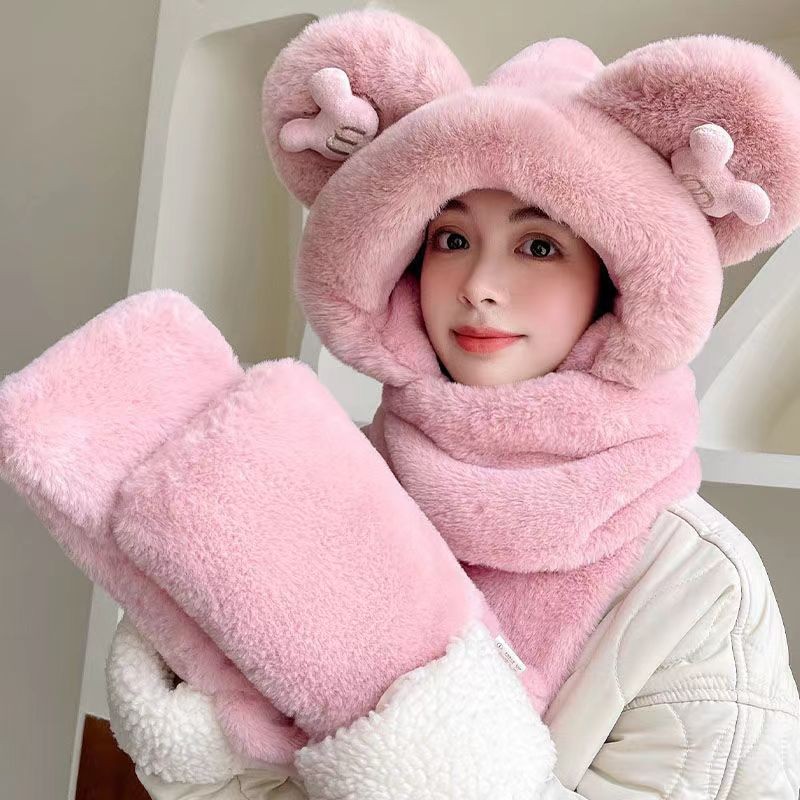 Conjunto de gorro, bufanda y guantes con diseño de oso, todo en uno, para calidez y protección de las orejas, conjunto de tres piezas para mujer, versátil para otoño e invierno, gorro de felpa de una pieza. image 14