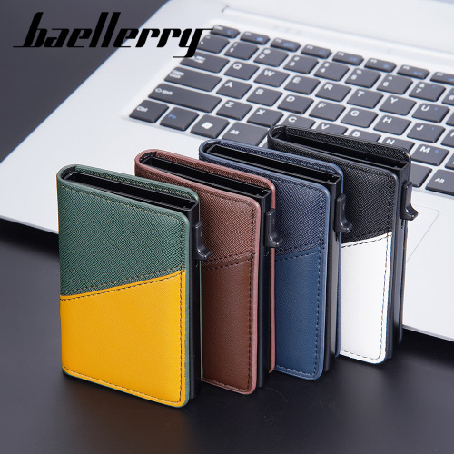 baellerry men's leather contrast color side push antimagnetic anti-theft card holder rfid short automatic ejection card holder