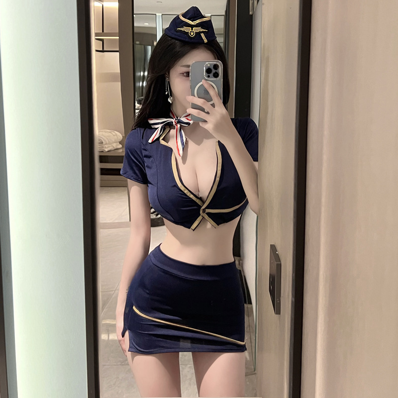 Qqny Sexy Intimates Wholesale Internet Celebrity Stewardess Uniform Temptation Suit Women's Hip-Covering Short Skirt Sexy Nightclub Outfit
