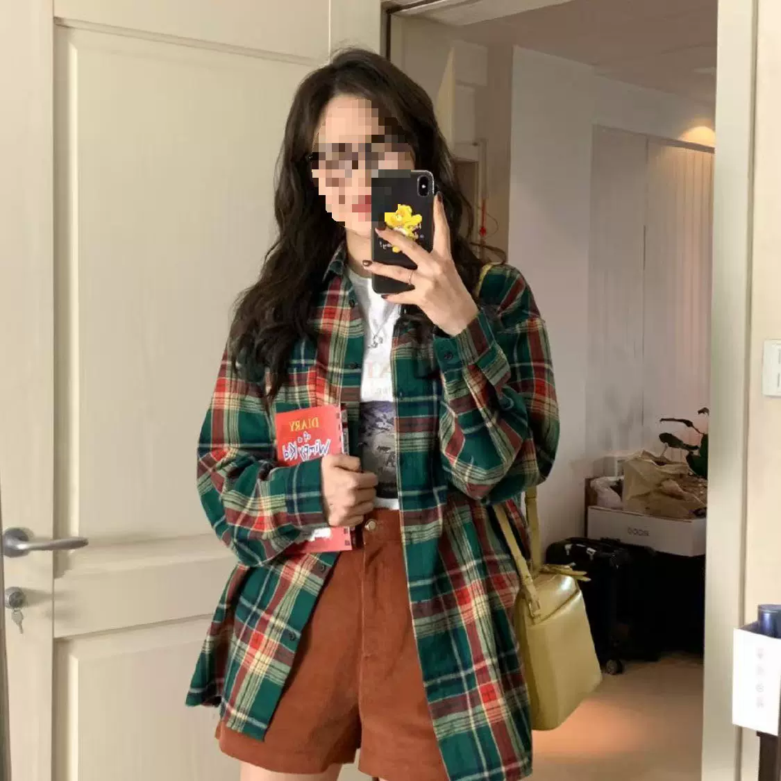 格子古衬衣衬衫女春秋韩系宽松慵懒复大码长袖POLO领开衫上衣外套