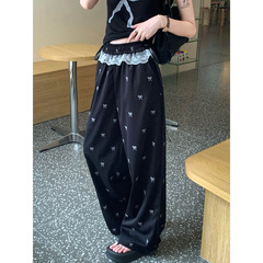 美式甜辣蕾丝拼接蝴蝶结休闲裤女夏季高腰碎花阔腿裤直筒拖地长裤