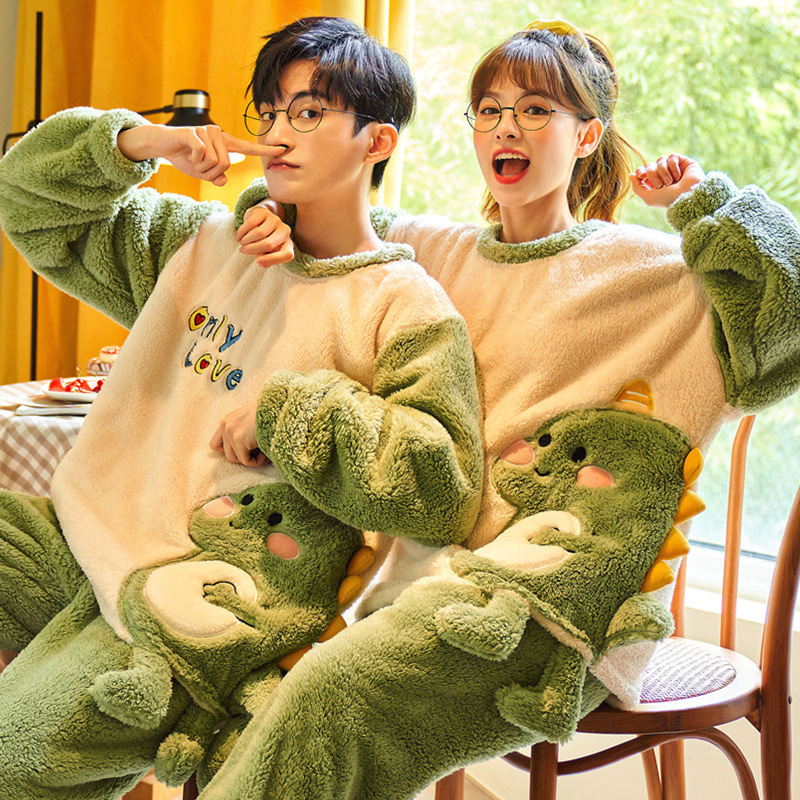 Couple Pajamas Women's Autumn and Winter Coral Fleece Thickened Fleece Winter Flannel Style Men's Home Wear Set