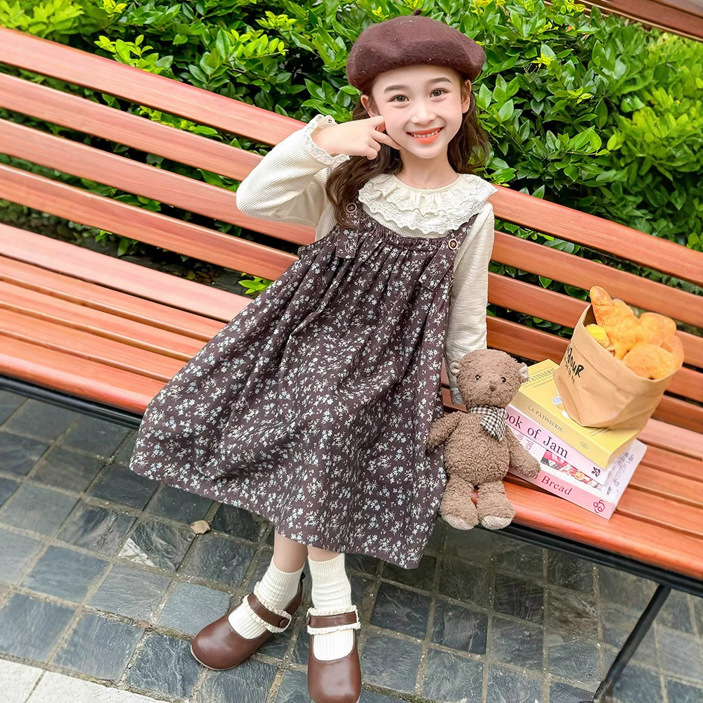 Set, dress, fashionable long-sleeve, autumn, flowered, western style, children's clothing