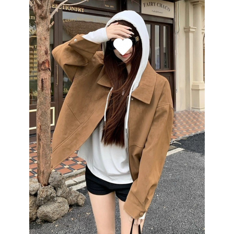 美拉德复古仿麂皮绒长袖外套女2025秋季新款宽松翻领休闲机车夹克|undefined