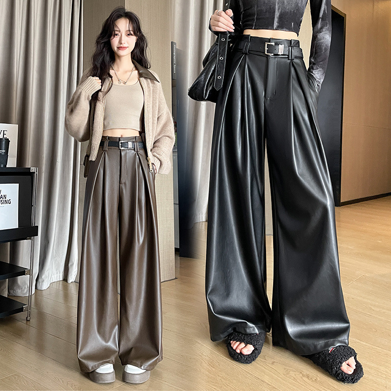 双腰头皮裤女秋冬新款高腰宽松两穿阔腿拖地裤配腰带潮流ins