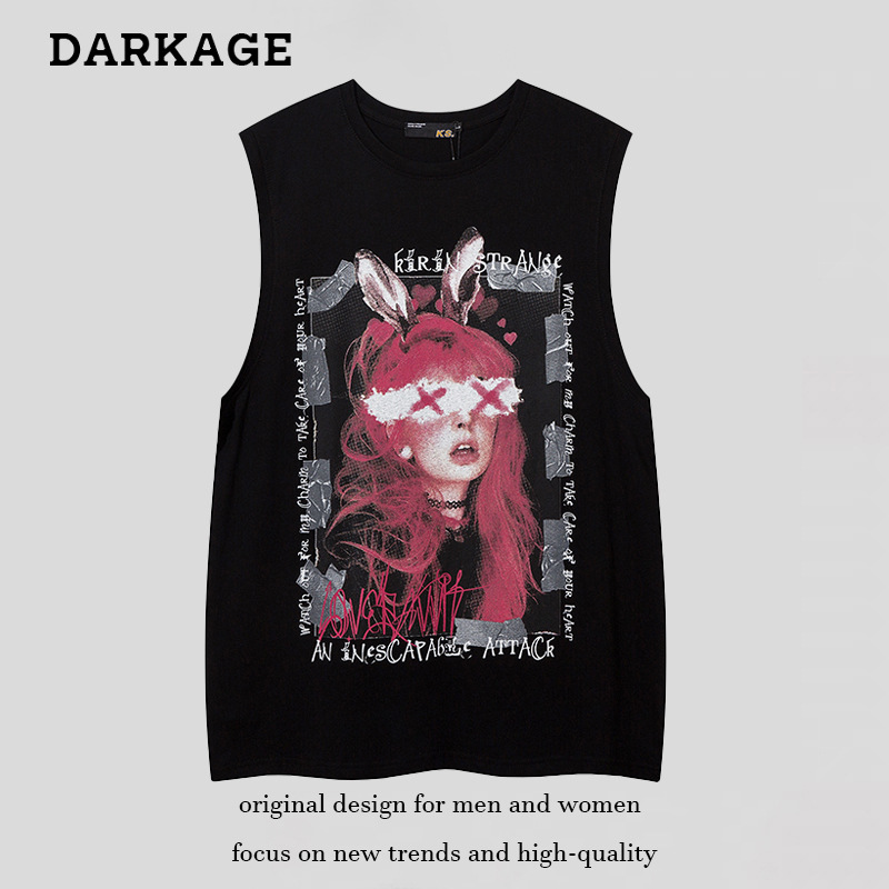 American-style dark-themed men's summer trendy high-street loose-fitting couple portrait graffiti sleeveless T-shirt
