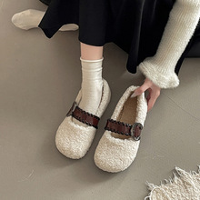 加绒毛毛鞋女法式复古温柔风2025冬季新款精致皮带扣一体鞋棉单鞋