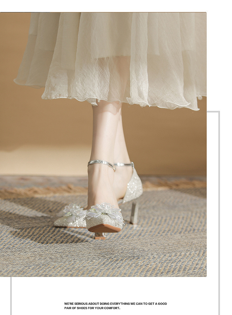Giày sandal cao gót nữ quai ngang mũi nhọn bạc — Màu bạc chi tiết 12