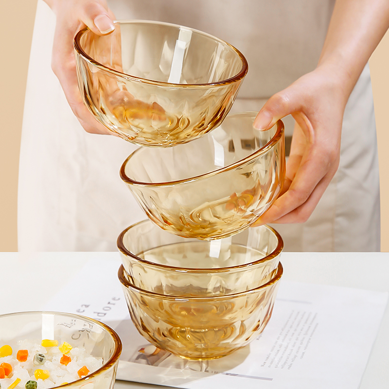 Amber Glass Household Rice Bowl Soup Bowl High Temperature Resistant Microwave Oven Large Noodle Bowl Salad Bowl Tableware Set 5 Pieces