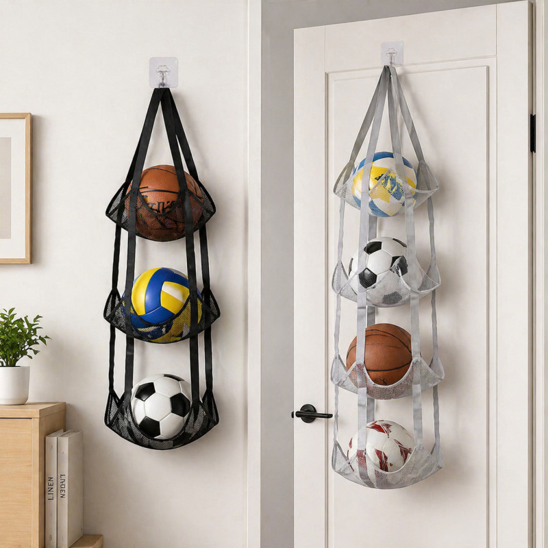 Basketball and Football Storage Bag, Ball Storage Hanging Bag, Wall-Mounted Mesh Storage Bag, Multi-Layer Ball Hanging Bag for Sports
