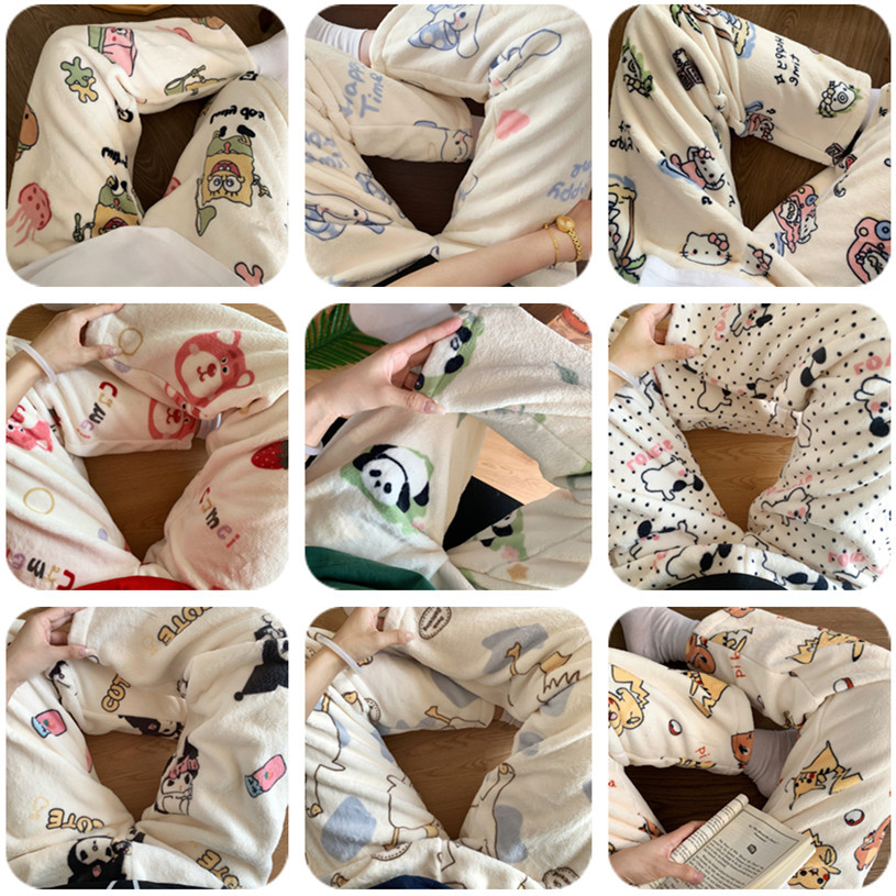 Invierno nuevo pijama de franela de dama dulce lindo y espeso de peluche dibujos animados Baby Esponja pantalones caseros para usar