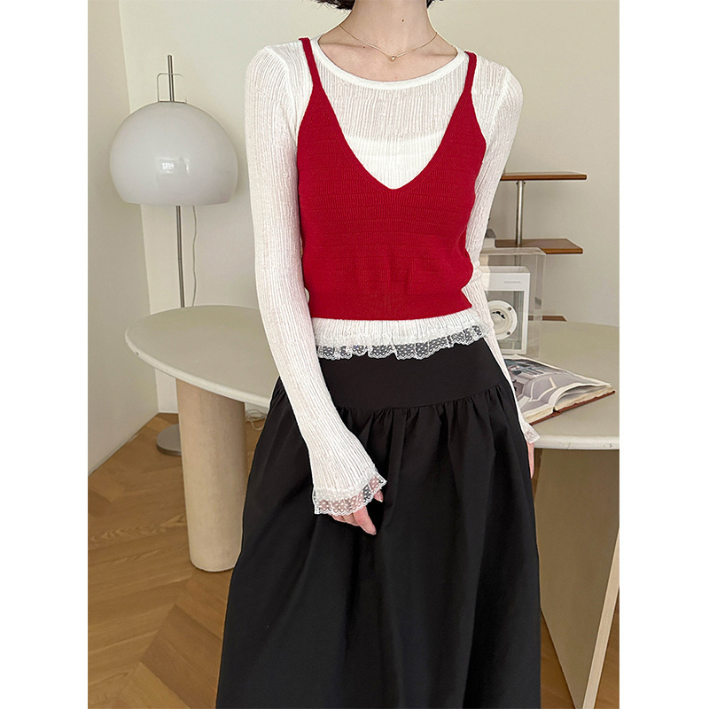 Tangerine Zhi Spring New French Fake Two-Piece Gentle Round Neck Contrasting Color Knitwear Bottoming Layered Top 050