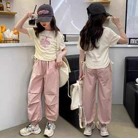女童套装夏季2026新款洋气短袖衣服儿童时髦运动工装裤女孩两件套