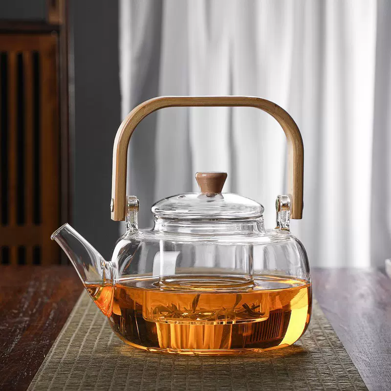 高硼硅玻璃可明火茶水分离提梁茶壶高级感围炉煮茶壶竹木把提梁壶