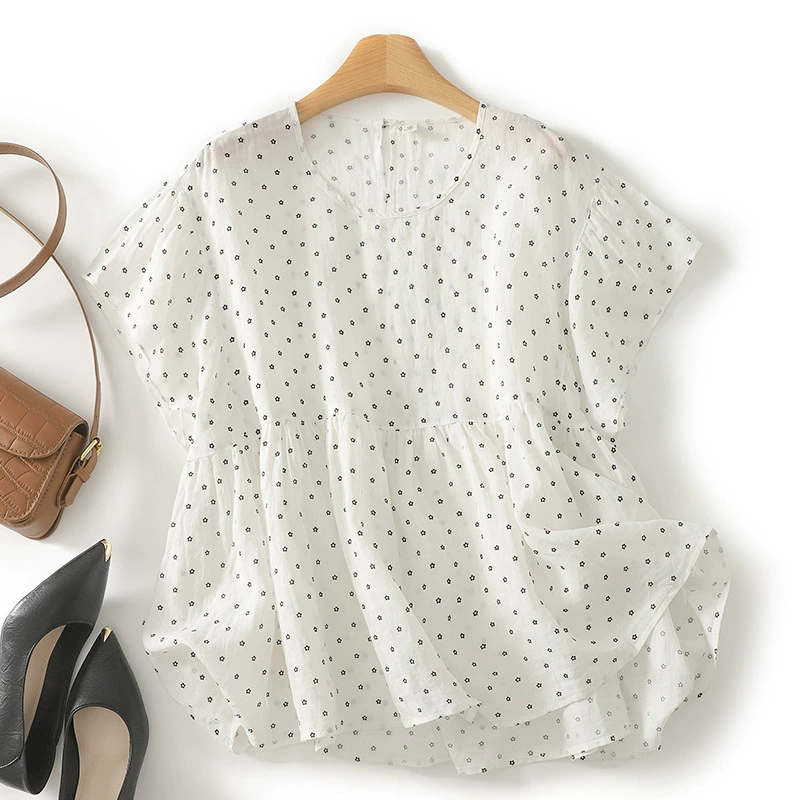 Настоящая свободная блузка с цветочным принтом из рами, кукольная рубашка с круглым вырезом и короткими рукавами, летняя одежда в японском стиле для женщин