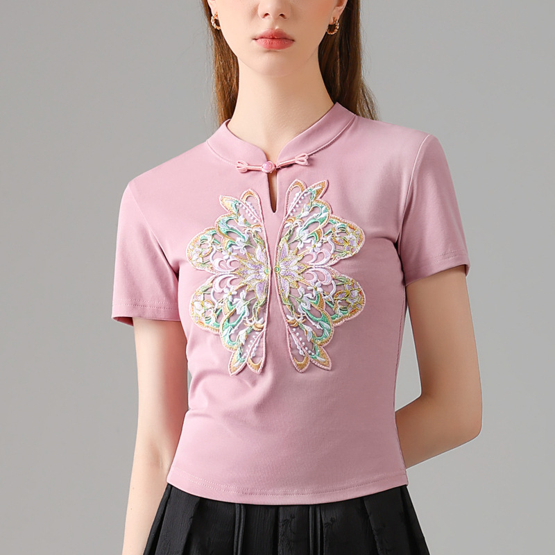 Nueva chaqueta china de estilo nacional de mujer verano 2024 nueva ropa de mujer retro bordado de hombro camiseta de manga corta