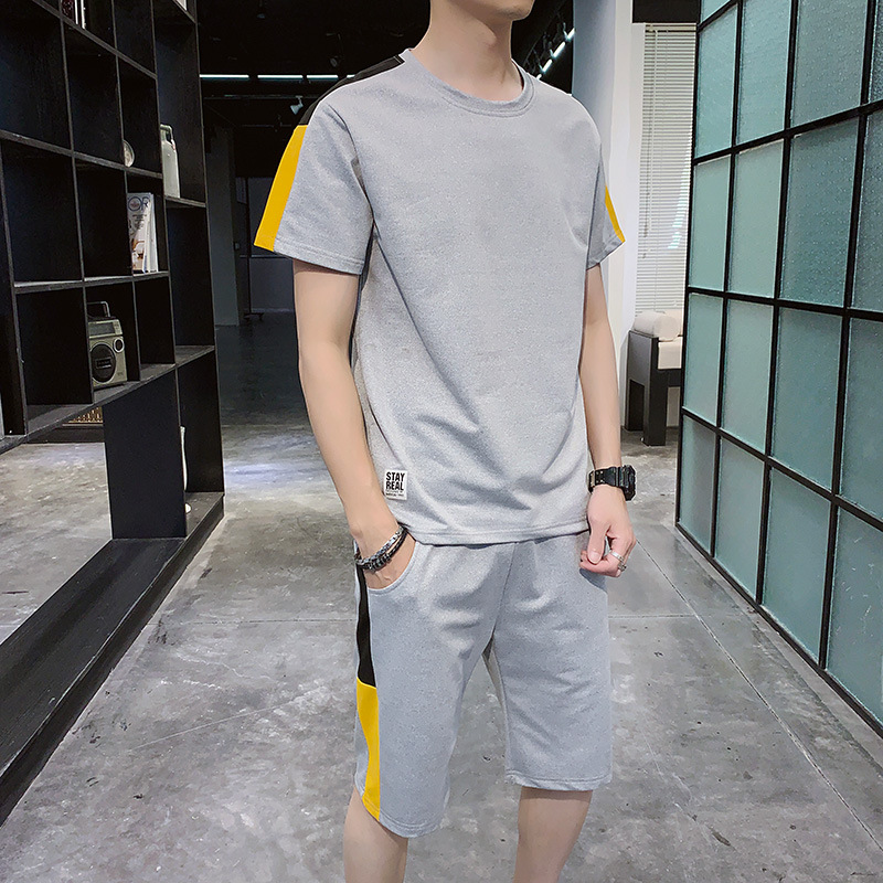 Traje de verano de dos piezas de los hombres ropa deportiva casual micro elástico ropa de correr de color cuello redondo manga corta Camiseta + Pantalones recortados color sólido