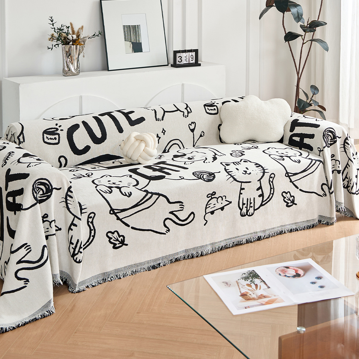 Entrar en la toalla de sofá de dibujos animados Schneider, cojín de sofá antideslizante, cuatro estaciones anti-gato universal, cubierta completa de una sola pieza, viento