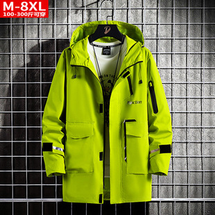 Spring and Autumn trendy quality men's handsome printed reflective stripe windbreaker fat men's plus size plus size loose hooded jacket