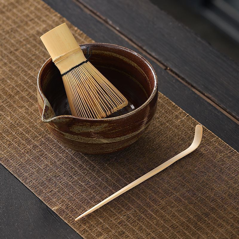 粗陶器抹茶ボウル注ぎ口付き抹茶ツールブラシ日本茶ボウルカップミキサー茶器具セット禅スタイル|undefined