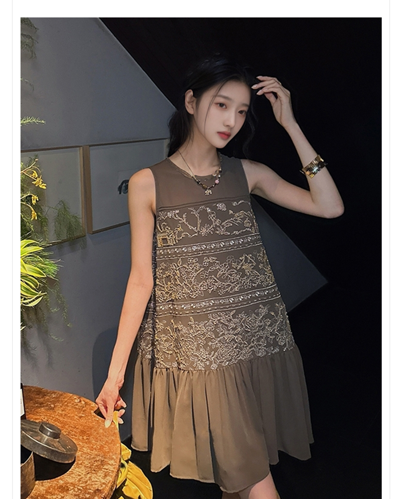 Đầm maxi nữ phong cách Trung Hoa thêu đính cườm retro mùa hè — Màu cà phê mẫu ngắn, Màu đen mẫu ngắn, Màu mơ mẫu ngắn, Màu đen dáng dài chi tiết 2