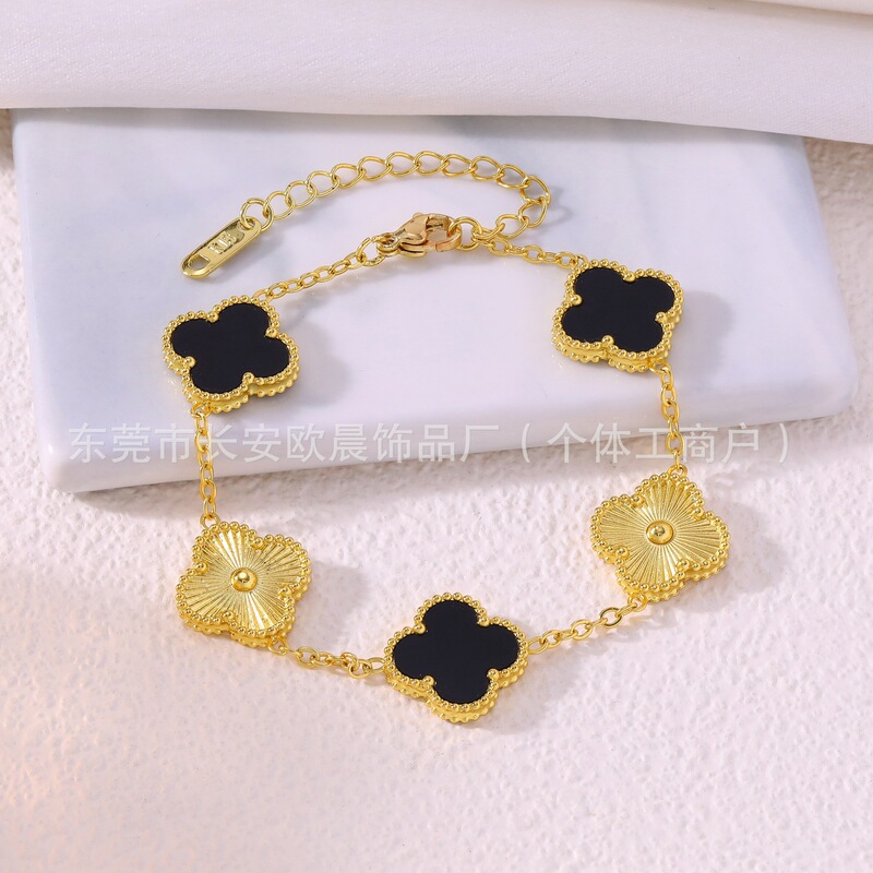 Cross-border internet celebrity hot-selling four-leaf clover five-flower bracelet, double-sided OL mother-of-pearl titanium steel non-fading bracelet, in-stock wholesale Cross-border internet celebrity hot-selling four-leaf clover five-flower bracelet, double-sided OL mother-of-pearl titanium steel non-fading bracelet, in-stock wholesale