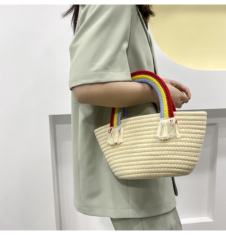 Cute rainbow hand-held small bag for women, new fashionable, casual and trendy women's bag, straw woven bag, beach vacation bag undefined