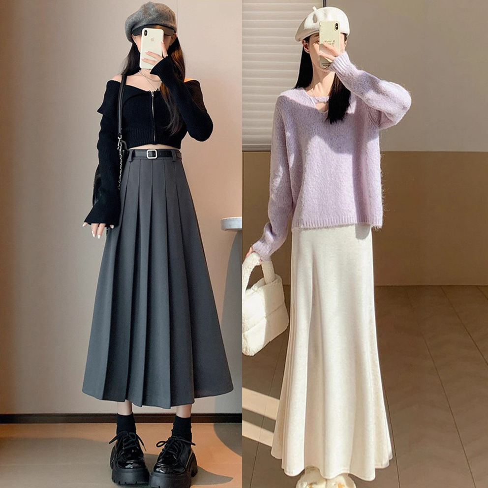 2025新款秋冬中长款毛呢裙鱼尾半身裙高腰包臀a字裙西装百褶裙女