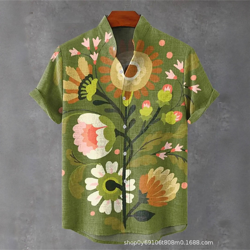 Top shirt short sleeve printing summer cardigan shirt cotton linen source manufacturers cross-border Amazon new 3D printing