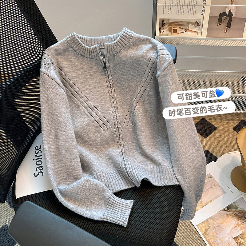 哥家商场同款女装2025秋季日系灰色高级感小众薄款慵懒风针织毛衣|undefined