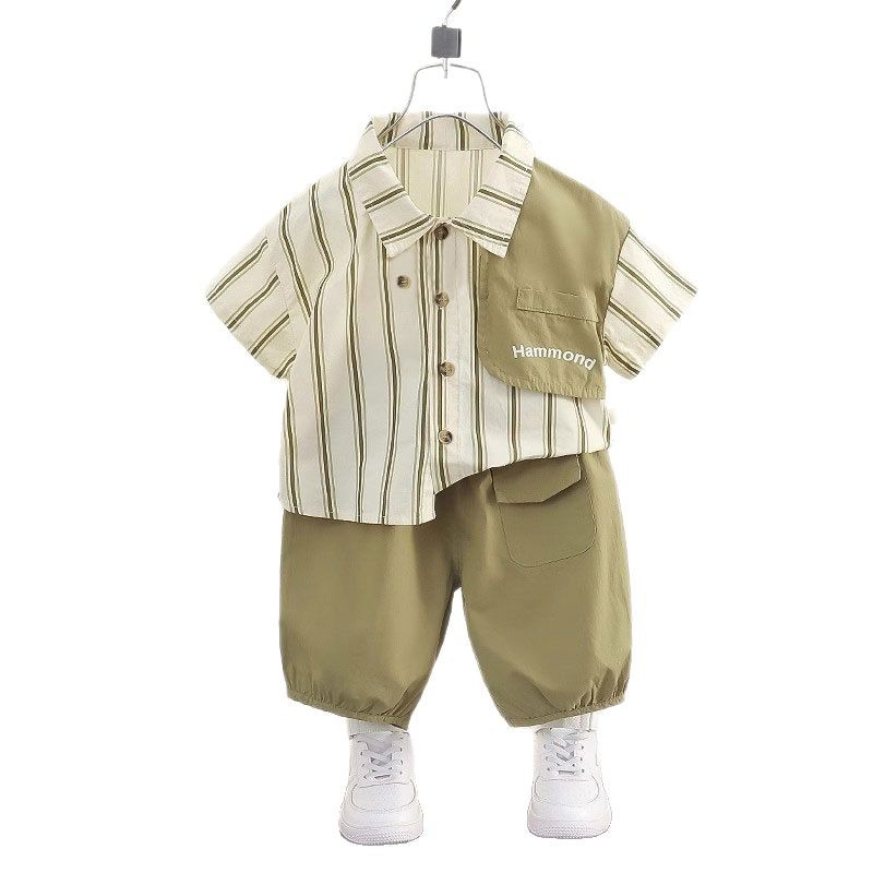 7818 traje de camisa de verano para niños 2025 nuevo bebé de manga corta de dos piezas ropa de calle frita de verano para niños delgada