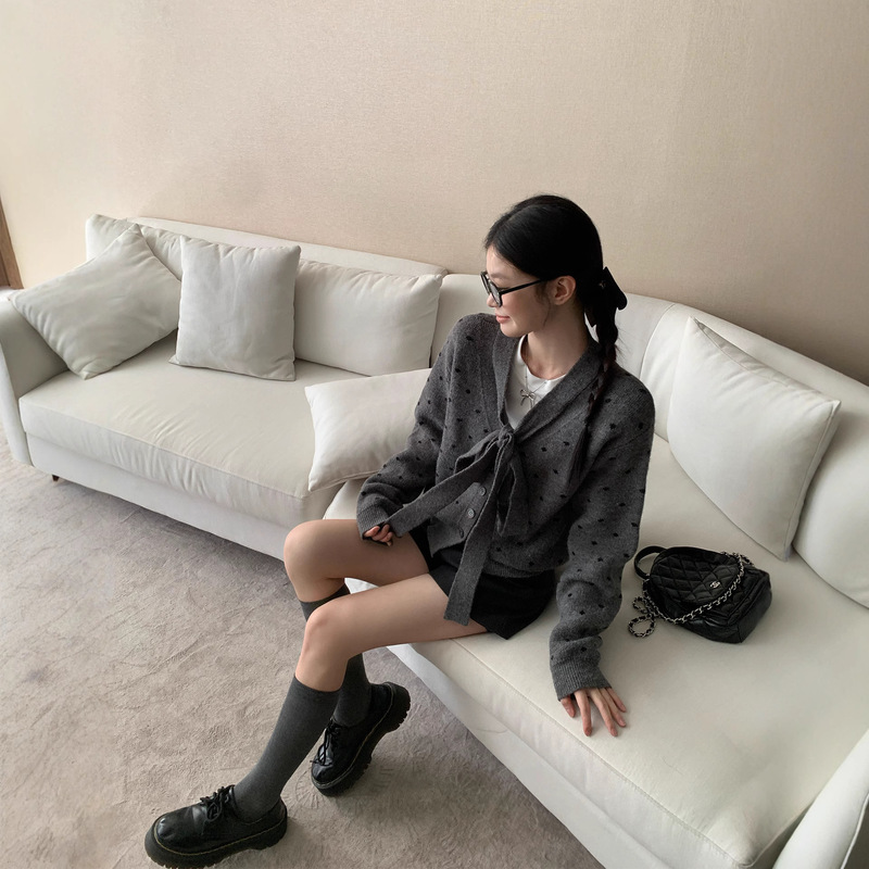 宋正恩灰色波点针织开衫外套女秋季miu系蝴蝶结绑带宽松休闲上衣|undefined