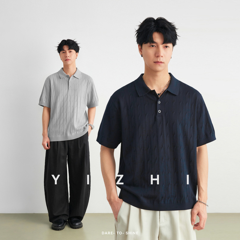 Cable Knit Texture Polo Shirt for Men, Summer Loose Fit with Pocket Design, Casual Short-Sleeve T-Shirt Cable Knit Texture Polo Shirt for Men, Summer Loose Fit with Pocket Design, Casual Short-Sleeve T-Shirt