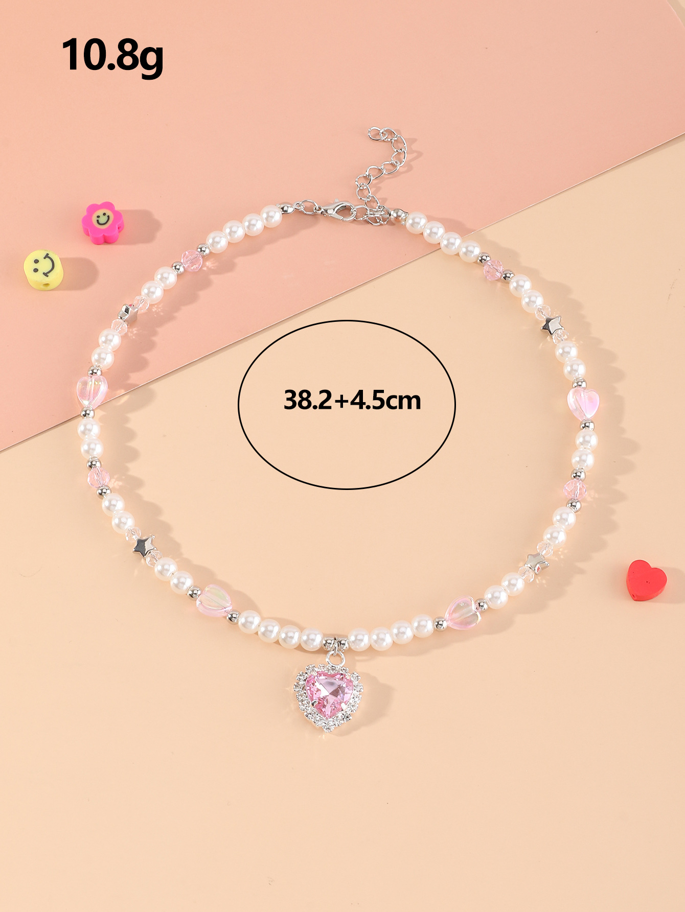 Fashion Pink Diamond Heart Pendant Star Pearl Beaded Clavicle Chain Necklace