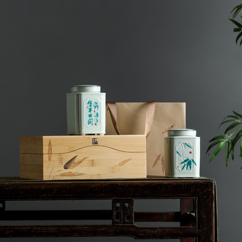 新款高档竹盒陶瓷罐茶叶包装礼品盒明前龙井绿茶岩茶白茶半斤空盒