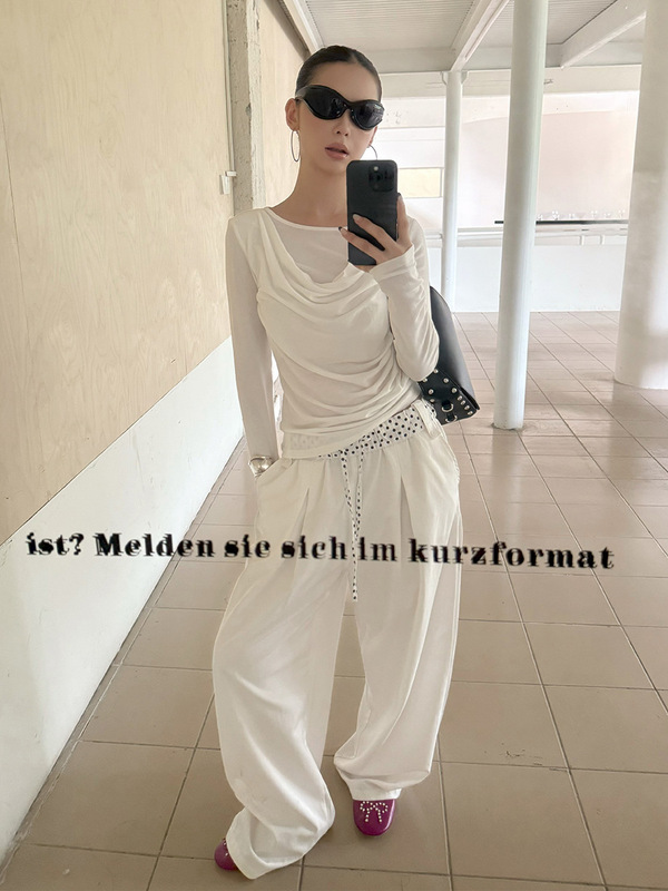 MMFISH时髦街头休闲假两件荡领纯色长袖T千层叠荡打底上衣25T500|undefined